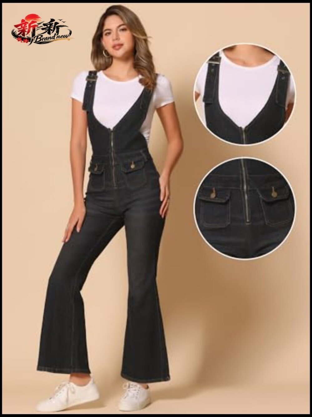 Adjustable Bib Bell Bottom Denim Overalls Pants Jumpsuits - Picture 2 of 5